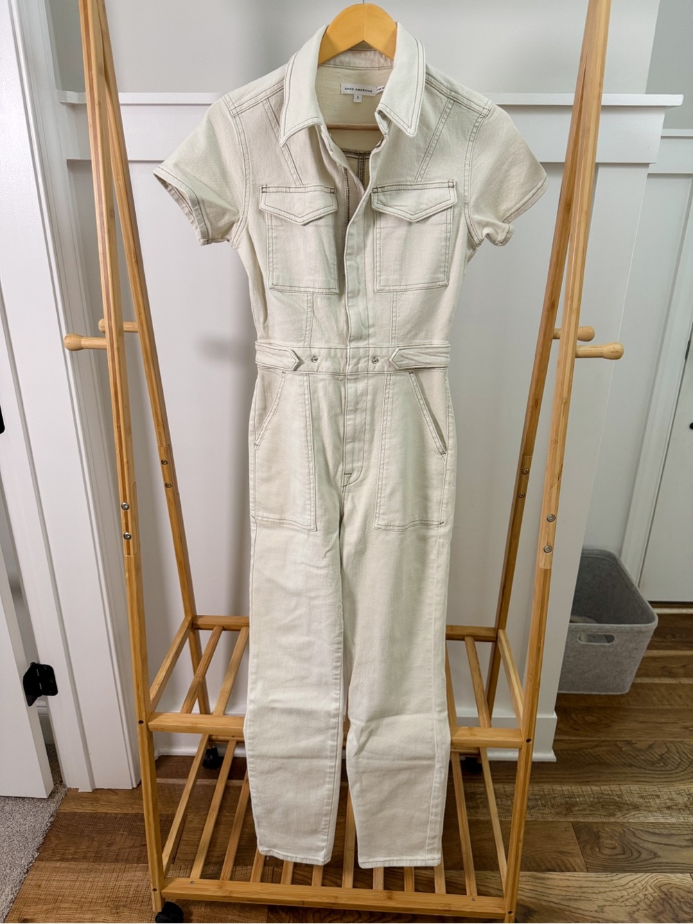 Good American Cream Short-Sleeve Denim Jumpsuit